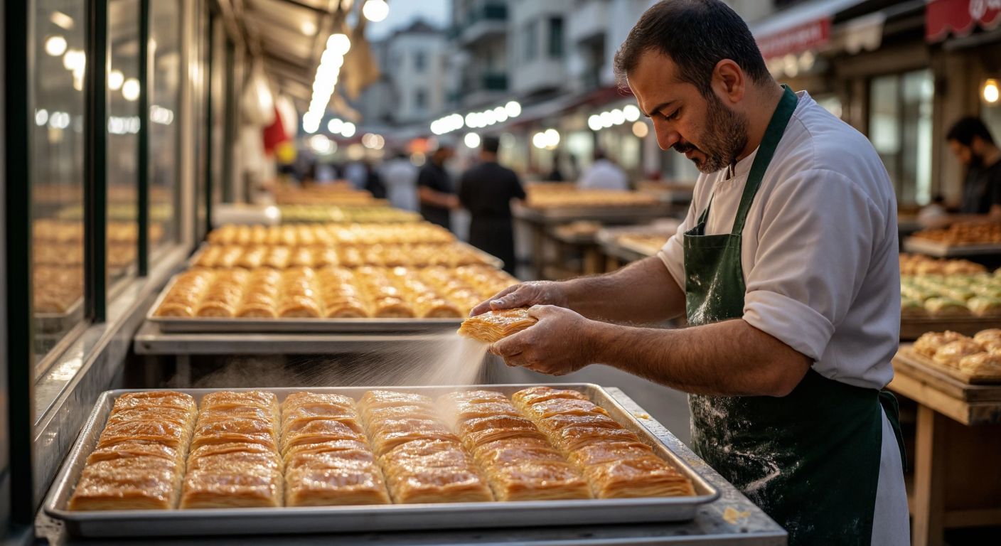 A Turkish artisan in a bustling food market carefully sprays a thin, even layer of silicone mold release onto a clean baking mold, with trays of baklava and börek in the background.
