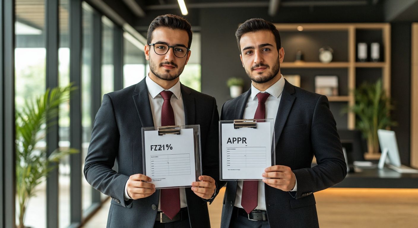 A Turkish banker in a crisp suit stands in a modern office, holding a transparent ledger showing two distinct columns—one labeled with a simple percentage (faiz) and the other with a detailed breakdown (APR)—while a curious client leans in, eyebrows raised in understanding.