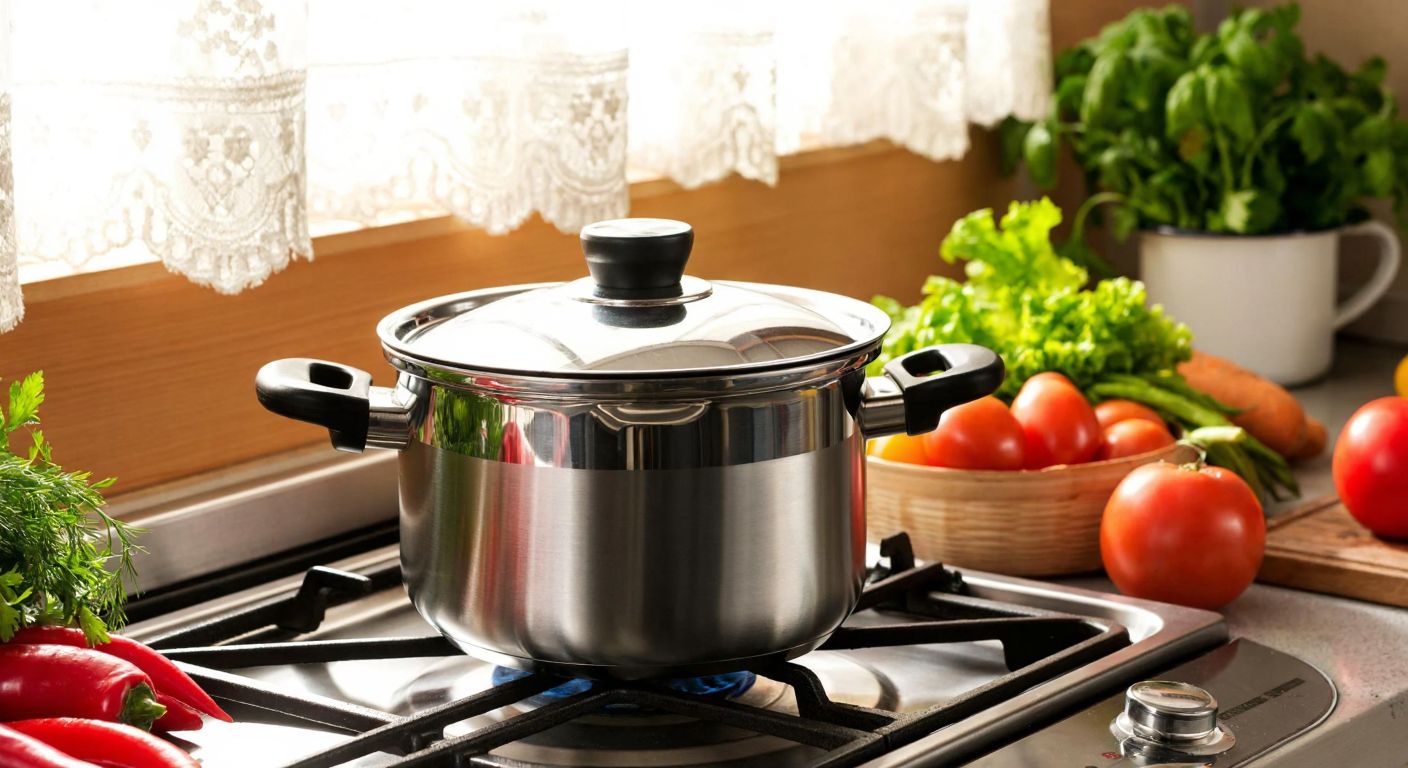 A stainless steel pressure cooker with a shiny lid sits on a stovetop in a Turkish kitchen, surrounded by fresh vegetables and herbs, with warm sunlight streaming through a lace-curtained window.