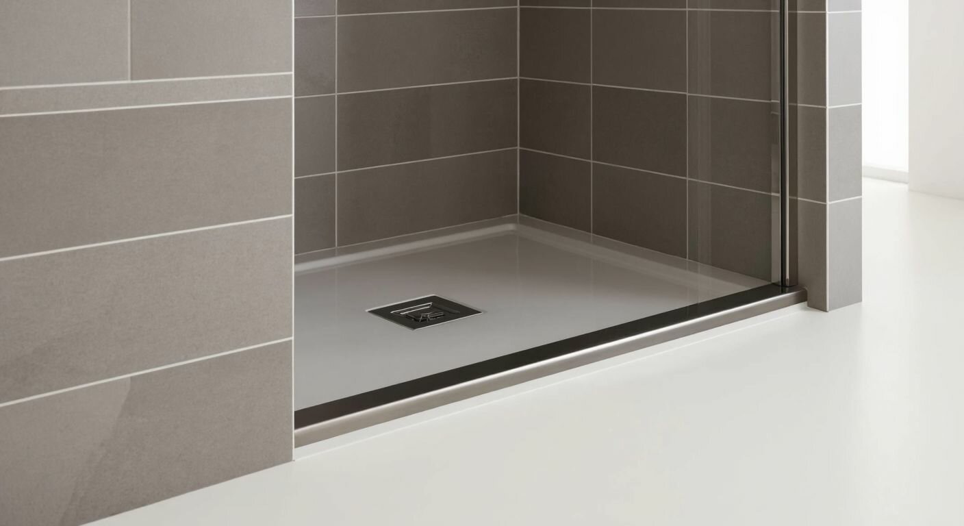 A modern, tiled shower cabin with a slightly sloped floor leading to a wide, odor-resistant drain, surrounded by neatly sealed edges and a sleek chrome-plated strainer.