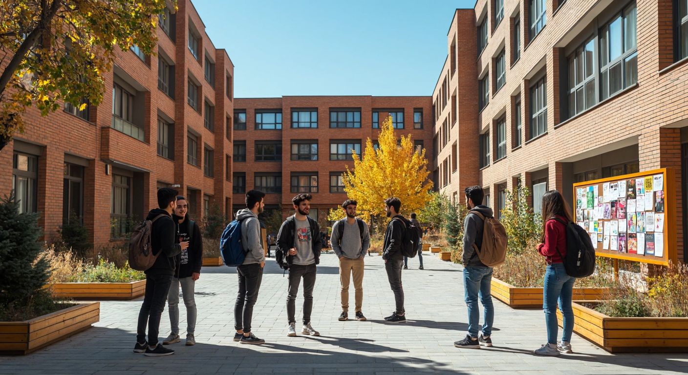 A sunlit university dormitory courtyard in Ankara, with students chatting near modern brick buildings, backpacks slung over their shoulders, and a bulletin board covered in colorful flyers (without text).