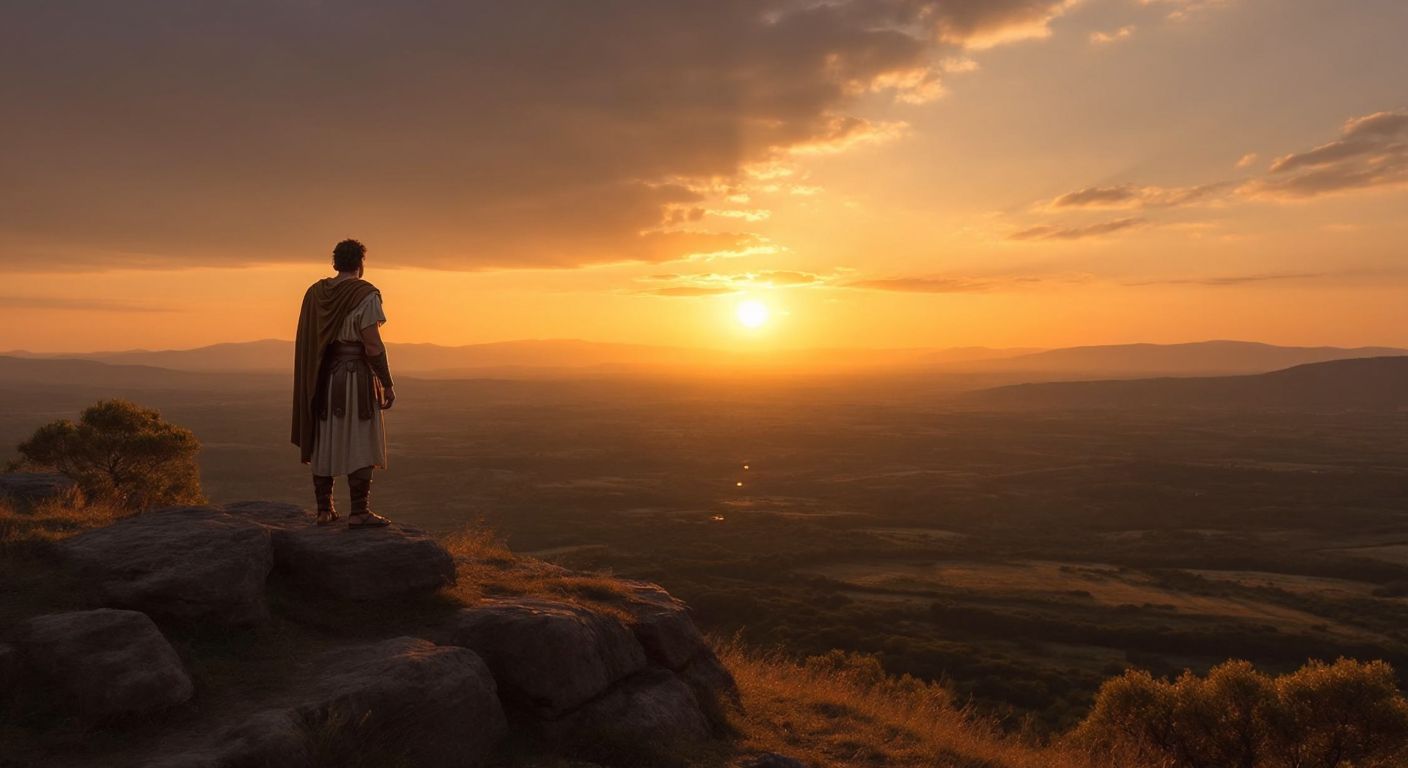 A lone figure in a simple Roman tunic stands atop a hill at dawn, gazing peacefully at the horizon where a golden sun rises over a vast, untouched landscape, embodying Stoic reflection and harmony with nature.