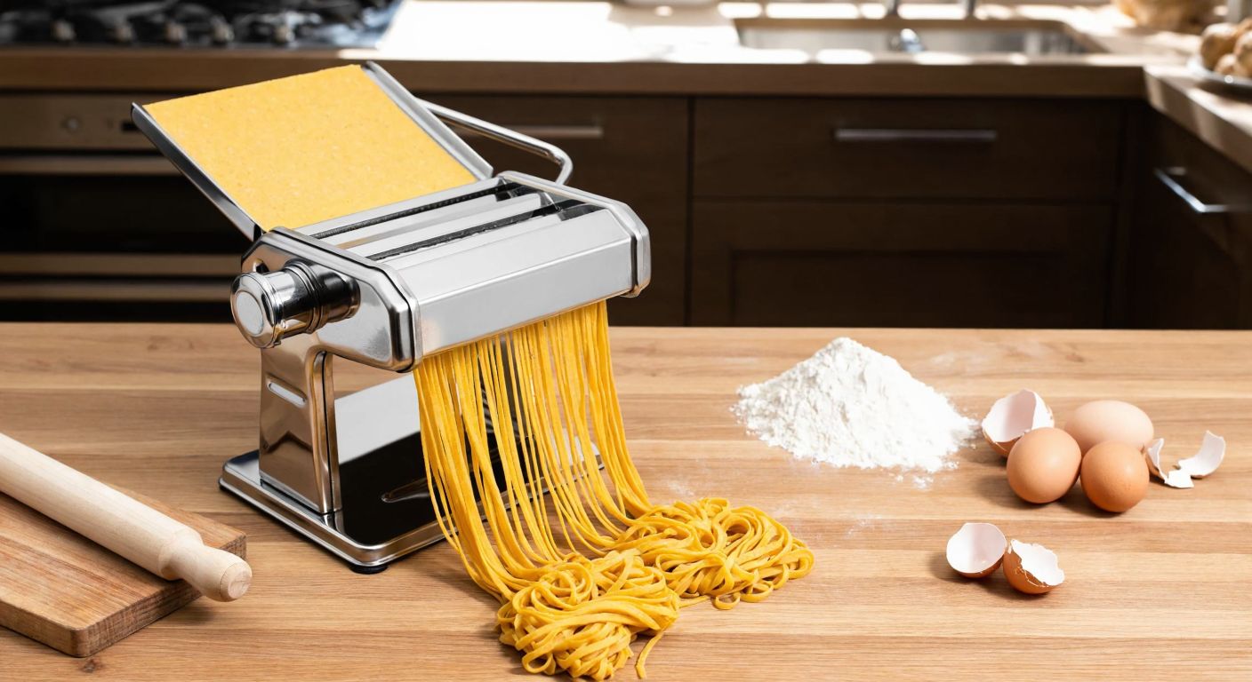A stainless steel pasta maker with fresh golden strands of homemade noodles spiraling out, set on a wooden kitchen counter in a sunlit Turkish home, surrounded by flour and eggs.