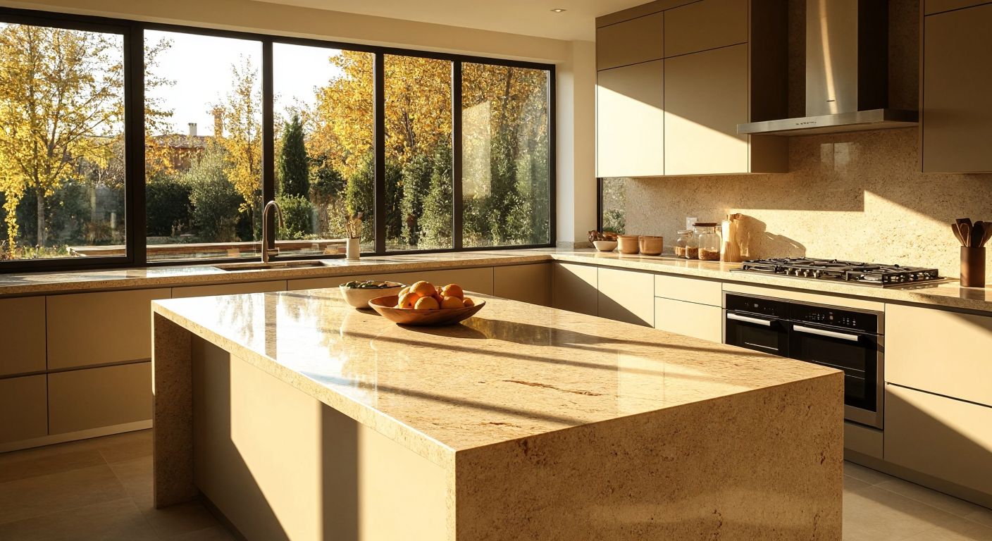 A sleek, light-colored granite countertop in a sunlit Turkish kitchen, reflecting warm light and enhancing the spacious feel of the room.