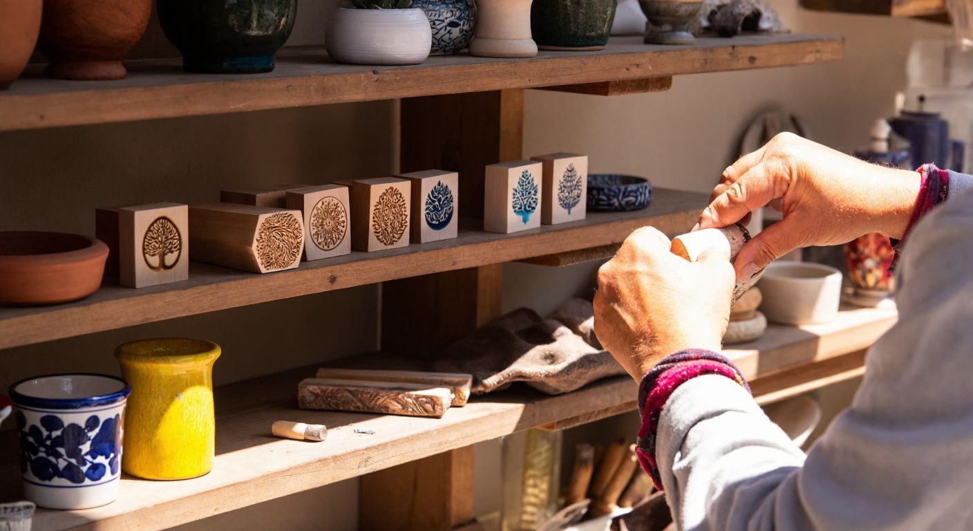 A sunlit artisan workshop in Bodrum, Turkey, with hands carefully carving intricate patterns into a wooden seal, surrounded by colorful ceramic stamps and personalized gift items on rustic wooden shelves.