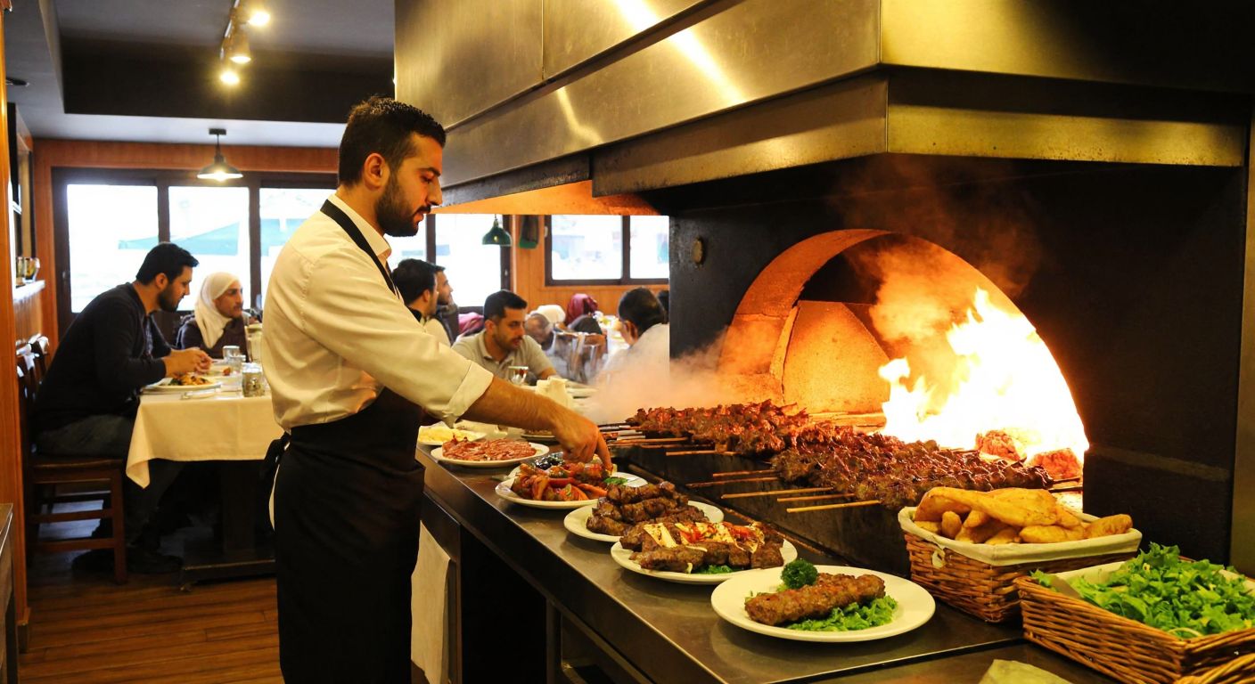 A bustling Turkish kebab restaurant with a warm, wood-fired oven, sizzling skewers of meat, and a waiter shaking his head politely while gesturing toward a table with steaming plates of kebabs and ayran.