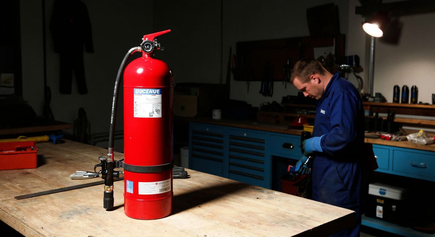A red scuba diving fire extinguisher cylinder placed on a wooden workbench in a dimly lit workshop, surrounded by various tools and safety equipment, with a technician in a blue uniform inspecting it carefully.