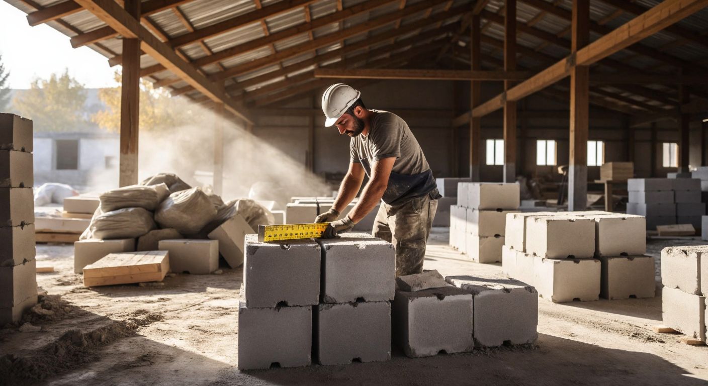 A Turkish construction worker in a dusty barn, stacking large gray Ytong blocks while calculating quantities with a measuring tape, surrounded by piles of materials under a sunlit wooden roof.