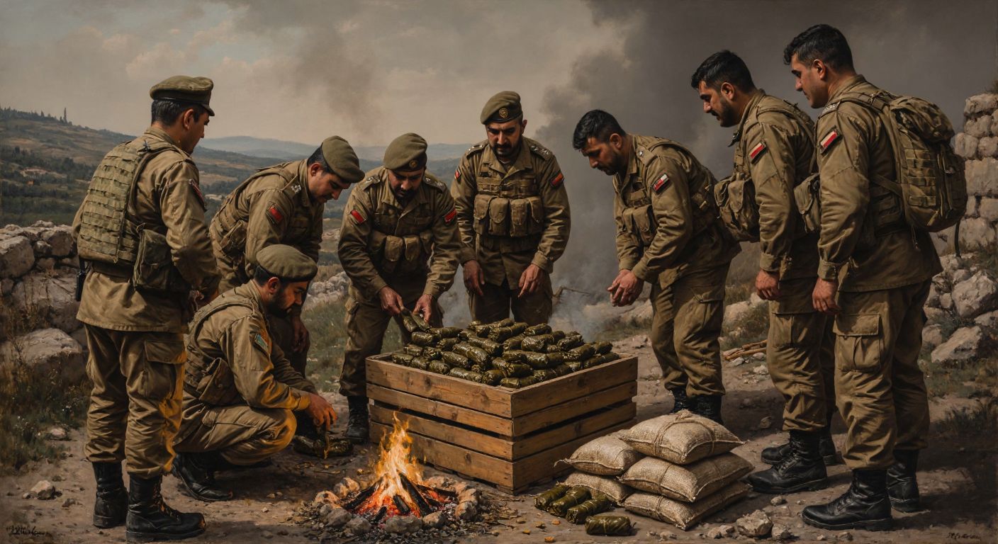 A group of Turkish soldiers in uniform gathered around a wooden crate filled with canned beef, olive oil-stuffed vine leaves, peksimet (hardtack), and sacks of rice, lentils, and bulgur, with a campfire nearby.