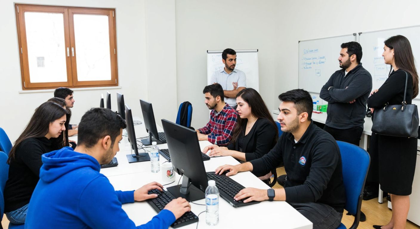 A group of diverse students attentively working on computers in a bright university lab at Dumlupınar University, with an instructor guiding them near a whiteboard.