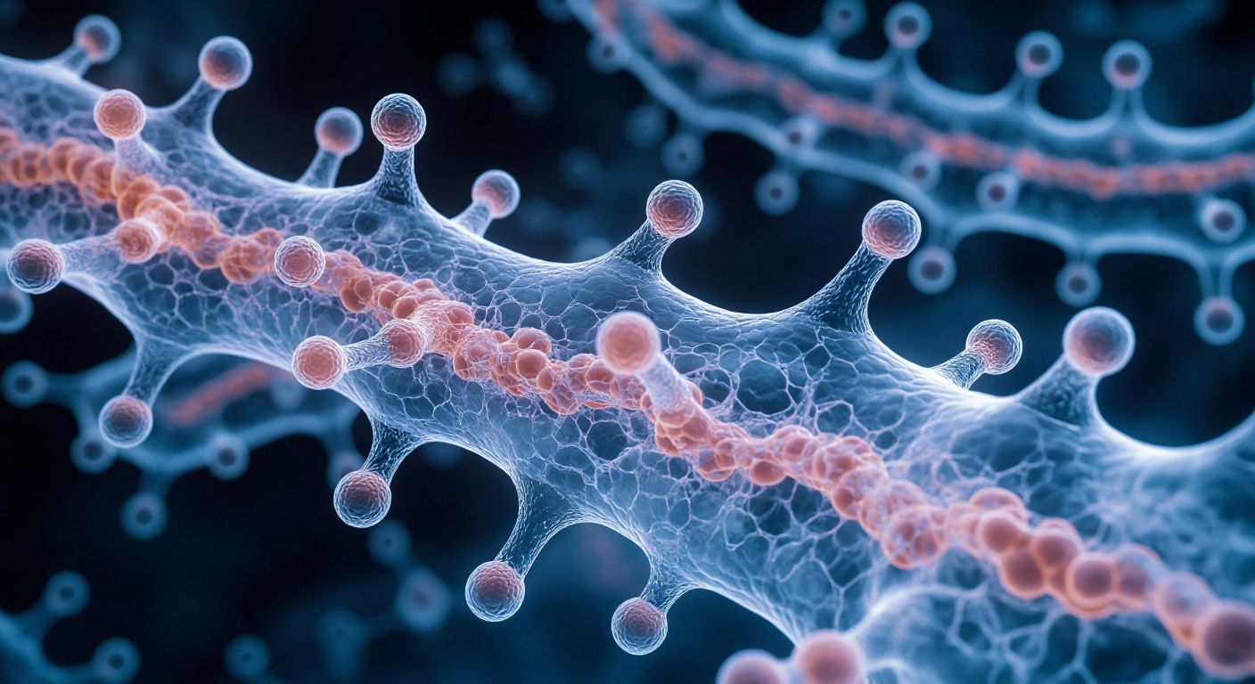 A translucent, double-layered cell membrane with embedded phospholipid molecules, their hydrophilic heads facing outward and hydrophobic tails inward, resembling a dynamic, fluid mosaic under a microscope.