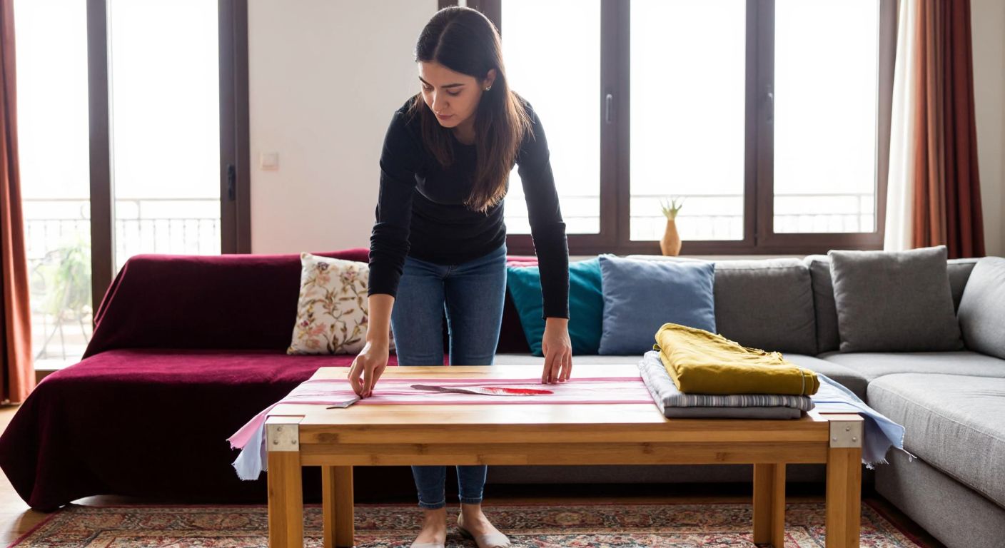 A Turkish woman in a cozy living room carefully measures a wooden coffee table with a fabric tape, surrounded by colorful textiles and a neatly folded tablecloth.