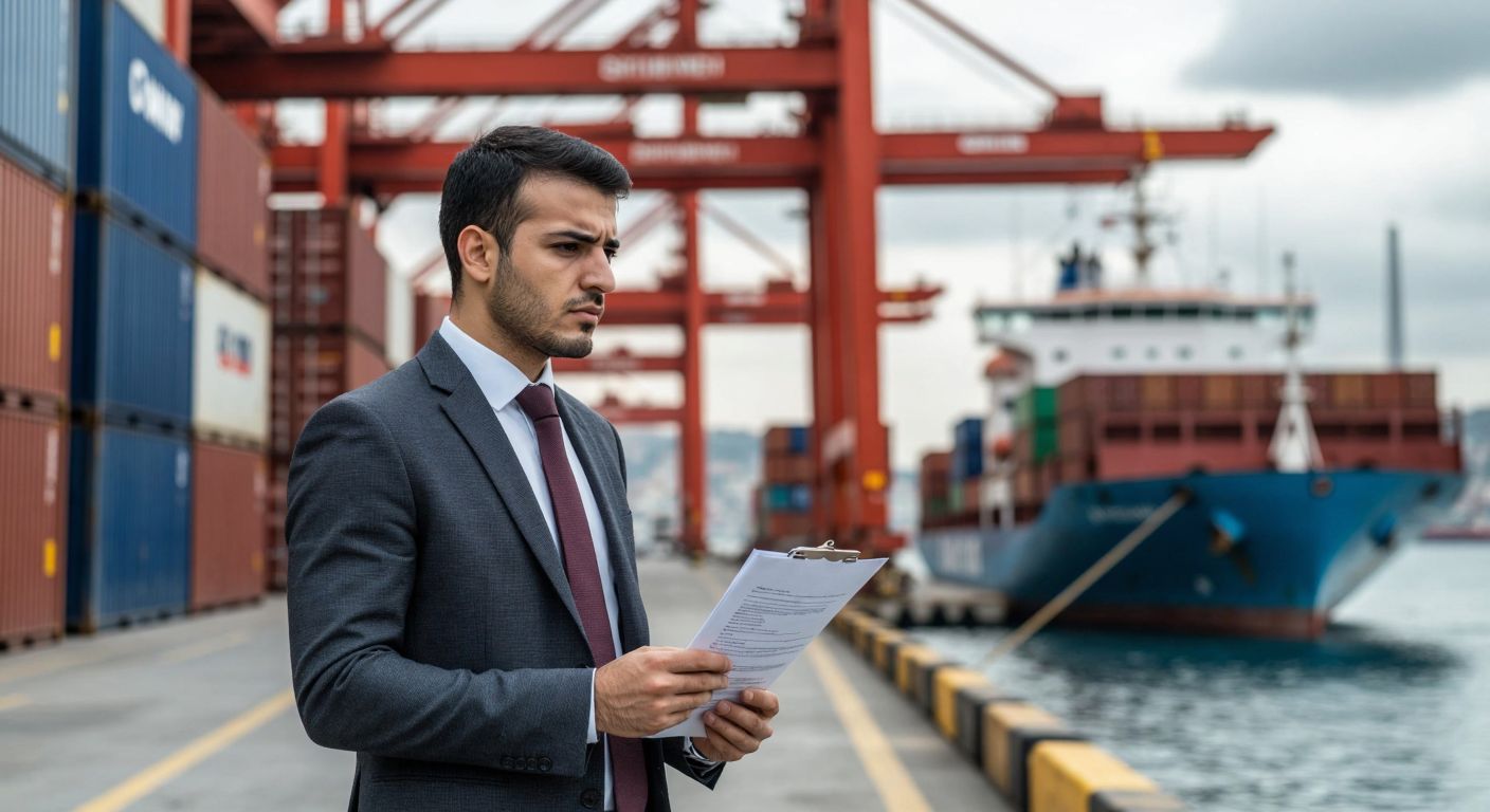 A Turkish businessman in a formal suit stands pensively at a bustling Istanbul port, holding a document while cargo ships and stacked containers loom in the background, reflecting the urgency and complexity of extending a letter of credit's loading period.