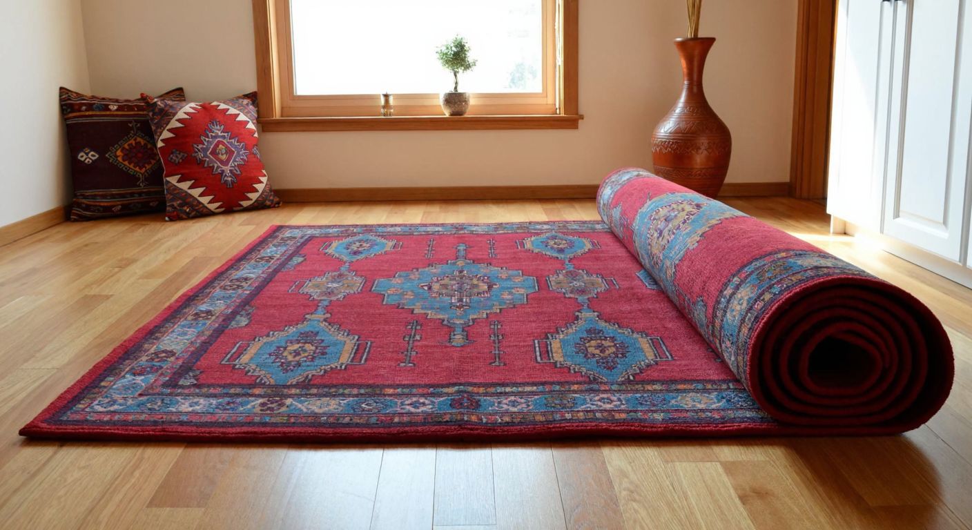 A neatly rolled 200x300 cm red and blue patterned carpet placed on a wooden floor in a sunlit Turkish living room with traditional kilim pillows nearby.