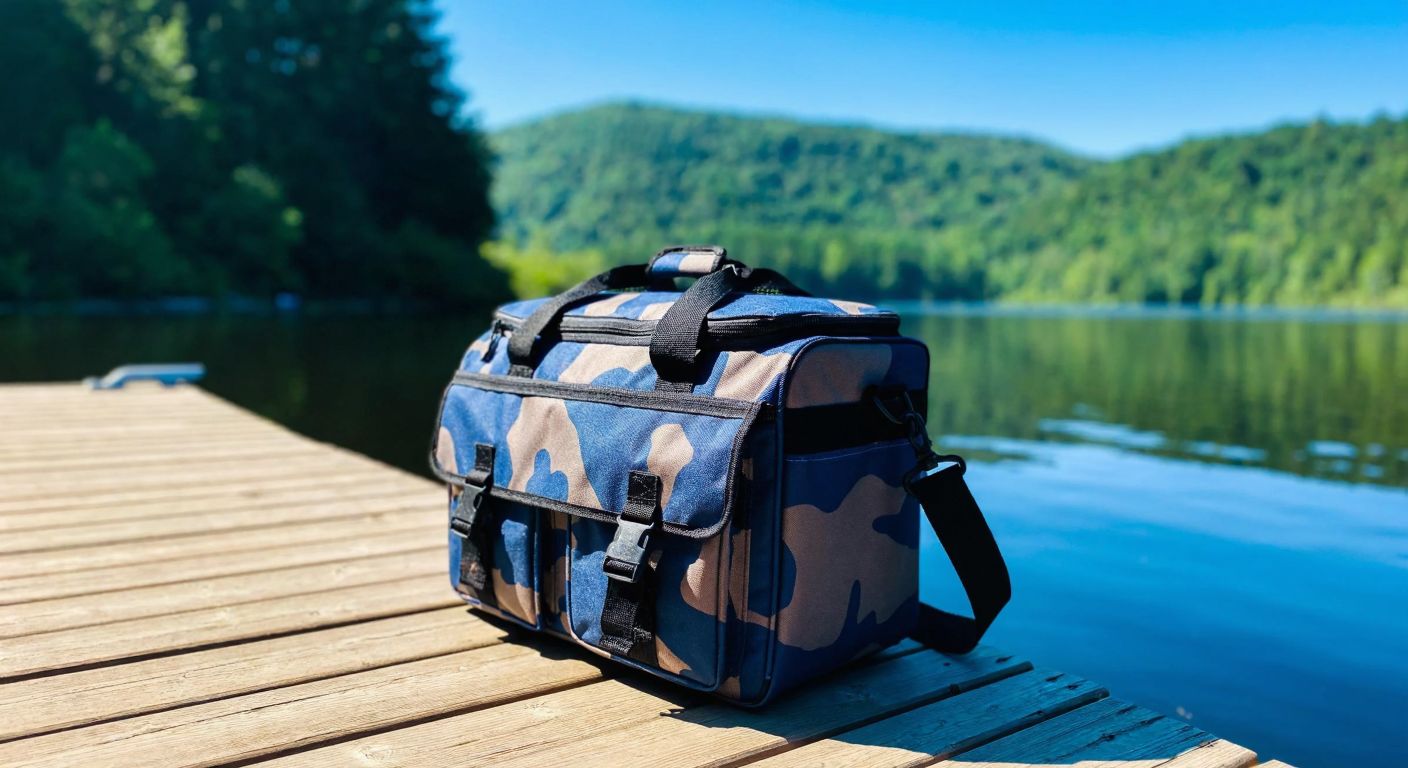 A sturdy blue-camouflage fishing bag with reinforced straps sits on a wooden dock by a tranquil lake, reflecting sunlight off its durable fabric.