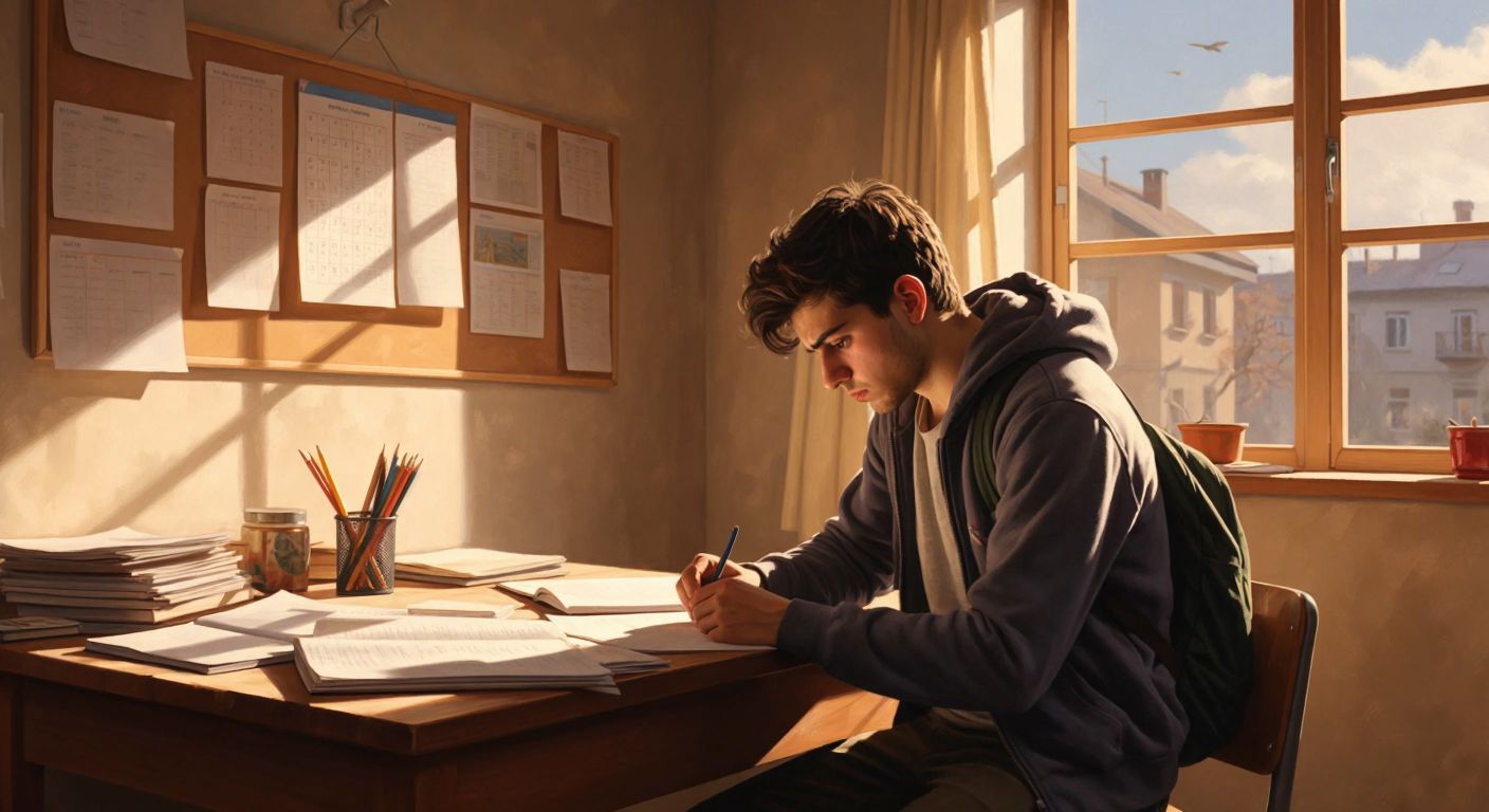 A focused Turkish student sits at a wooden desk in a sunlit classroom, surrounded by scattered test papers and a pencil case, anxiously checking a calendar pinned to the wall.