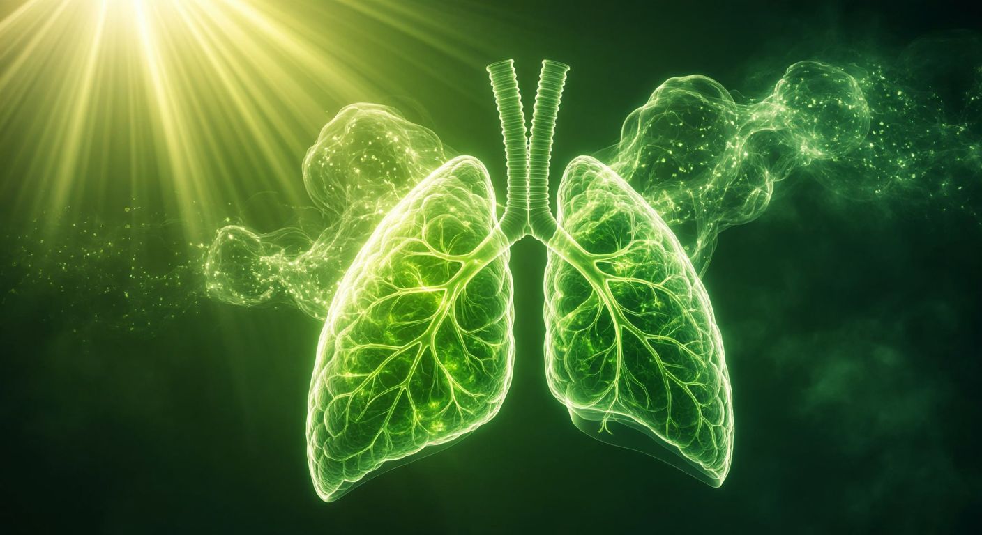 A vibrant green leaf bathed in sunlight next to a glowing human lung, connected by swirling streams of oxygen and carbon dioxide molecules.