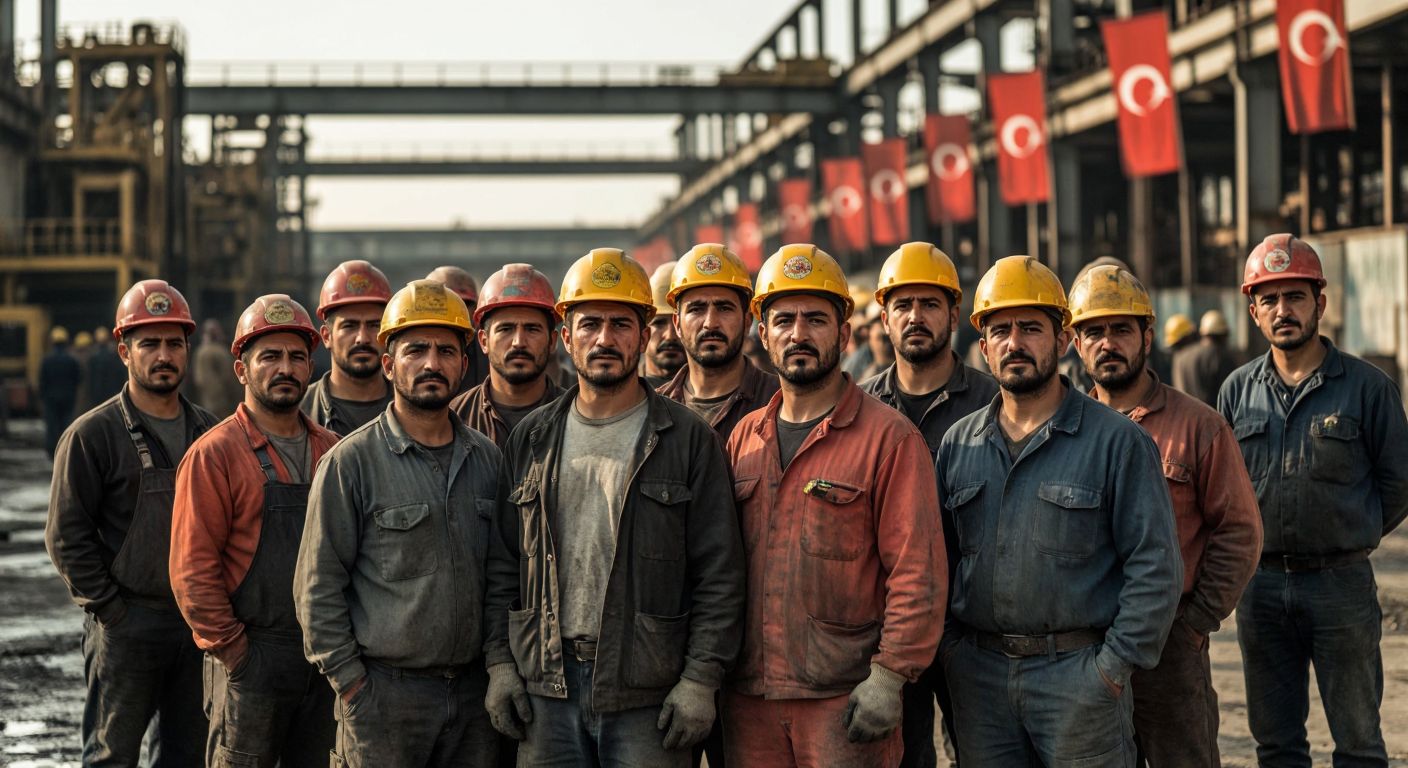 A group of determined Turkish workers in hard hats and workwear stand together in a sunlit factory yard, their faces showing resilience and solidarity, with a faded backdrop of industrial machinery and protest banners.