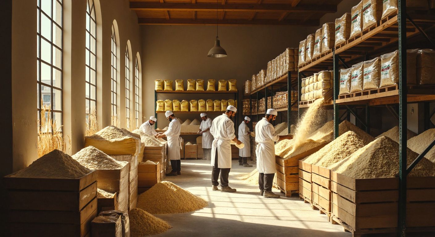 A bustling Turkish flour mill with golden wheat sacks stacked high, workers in white aprons pouring flour into bags, and shelves lined with pasta packages under warm sunlight.