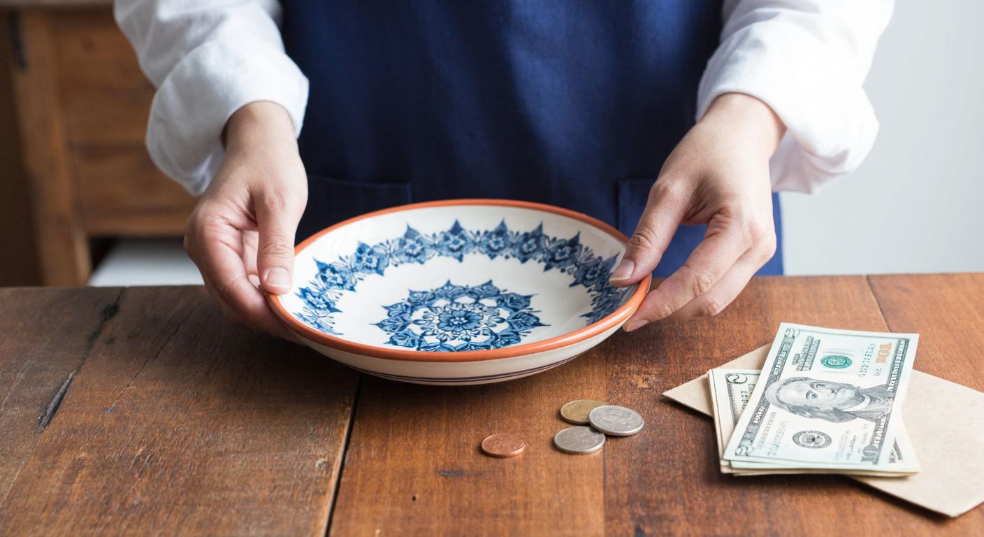 A Turkish artisan carefully packaging a handmade ceramic plate at a wooden table, with a small stack of dollar bills and coins set aside, symbolizing Etsy's fees.