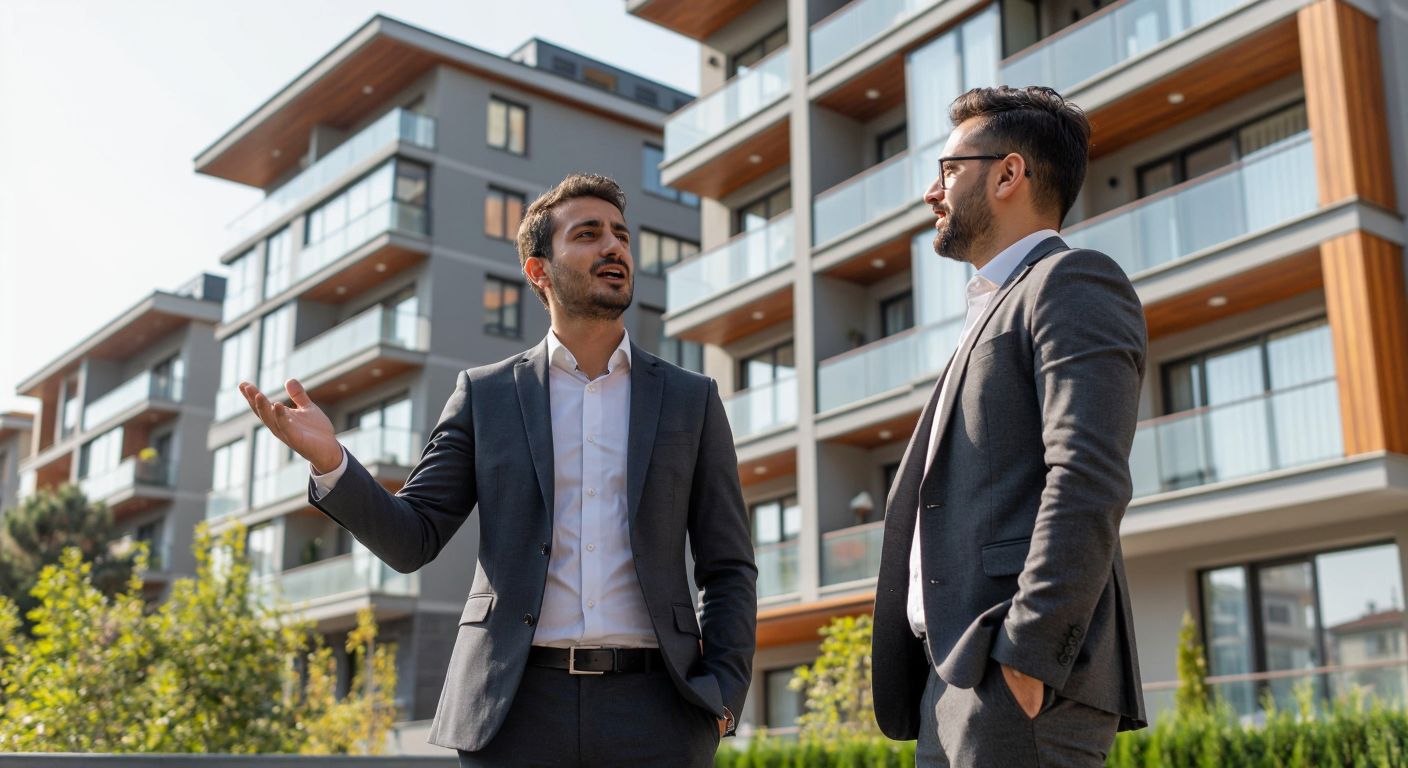 A confident Turkish real estate agent in a sleek suit stands beside a modern apartment building, gesturing enthusiastically while a mentor in a blazer listens attentively during an outdoor coaching session in Istanbul.
