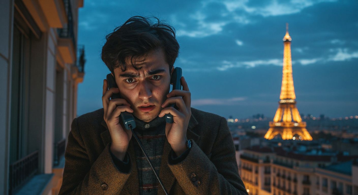 A person in Turkey hesitantly holding a ringing phone with a worried expression, while a faint Eiffel Tower silhouette glows in the background.