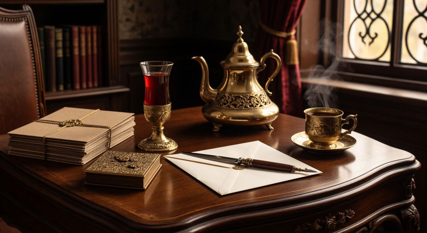 A polished wooden desk in a cozy Turkish study holds an ornate brass letter opener beside a stack of unopened envelopes and a steaming cup of çay.