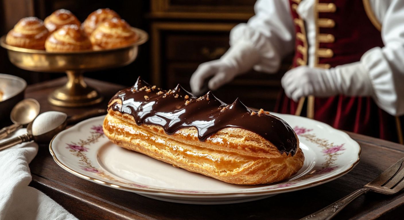 A golden-brown éclair pastry with glossy chocolate glaze, placed on a delicate porcelain plate in a grand French palace kitchen, surrounded by vintage baking tools and a chef in traditional 19th-century French attire.