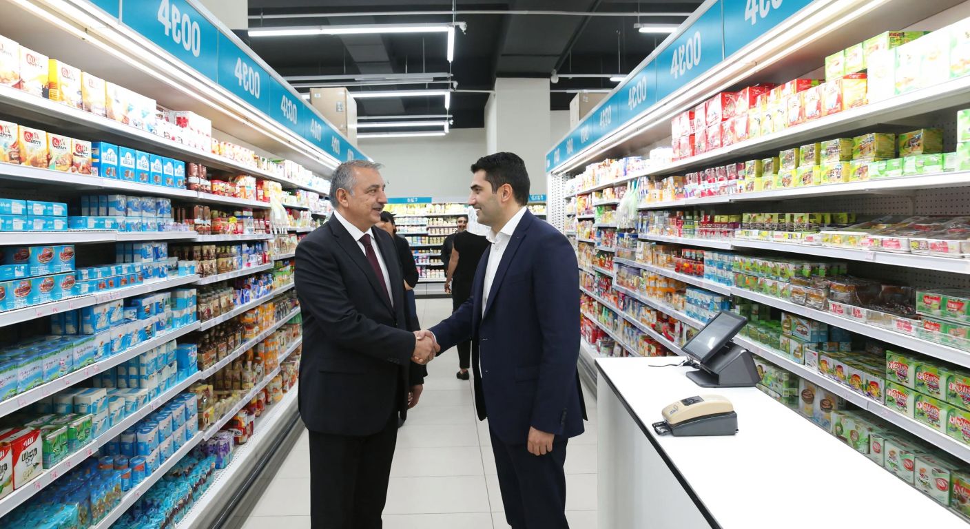A bustling Turkish supermarket aisle with shelves stocked with A101-branded products, under bright fluorescent lights, while a businessman in a suit (representing Turgut Aydın) shakes hands with another (representing the Zapsu family) near a checkout counter.