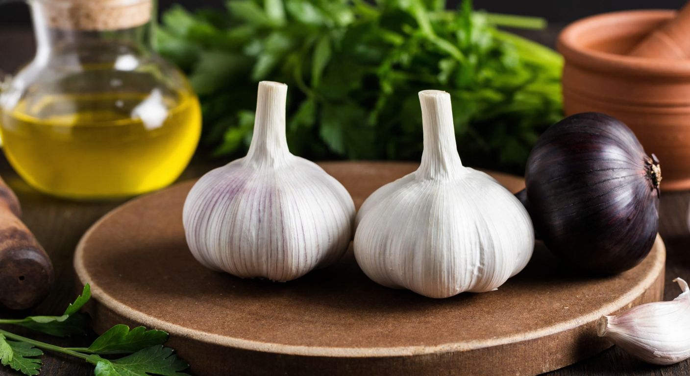 A rustic wooden table in a Turkish kitchen displays two garlic bulbs side by side—one golden-yellow with papery white skin, the other deep black and glossy—surrounded by fresh herbs, a mortar and pestle, and a clay jar of olive oil.