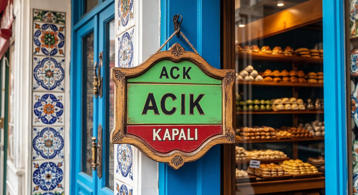 A vibrant Turkish shopfront with a colorful wooden sign hanging by the door, featuring a flip mechanism showing "AÇIK" in bright green on one side and "KAPALI" in deep red on the other, surrounded by traditional ceramic tiles and a display of baklava in the window.