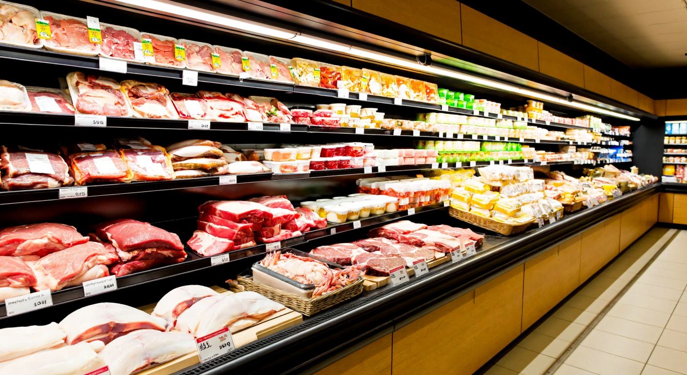 A vibrant German supermarket aisle displays fresh seafood, cuts of meat, dairy products, and frozen foods neatly arranged on wooden shelves under warm lighting.