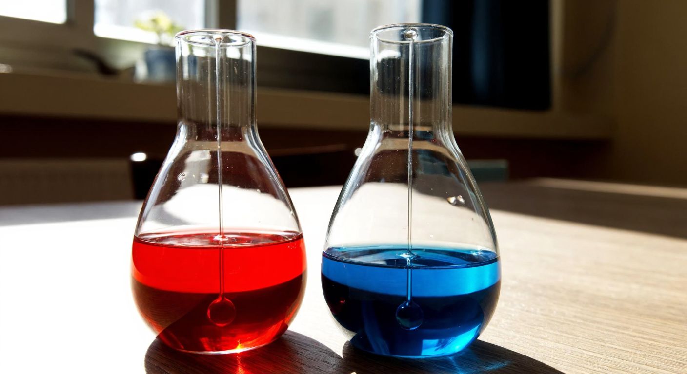 A close-up of two glass thermometers side by side—one filled with vibrant red liquid and the other with deep blue—resting on a wooden table in a warm, sunlit Turkish home.