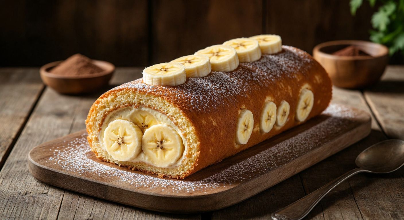 A golden-brown rolled sponge cake filled with creamy vanilla custard and sliced bananas, dusted lightly with cocoa powder, resting on a rustic wooden table in a sunlit Turkish kitchen.