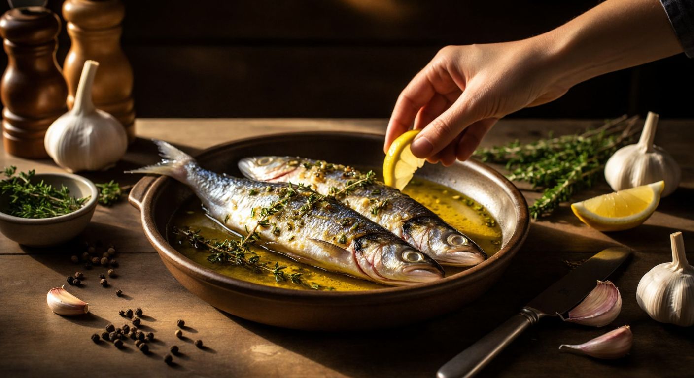 A Turkish kitchen counter with fresh, glistening salted fish fillets resting in a ceramic bowl of olive oil, lemon juice, and herbs, surrounded by scattered garlic cloves, black pepper, and thyme, while a hand gently turns the fish in the marinade under warm golden light.