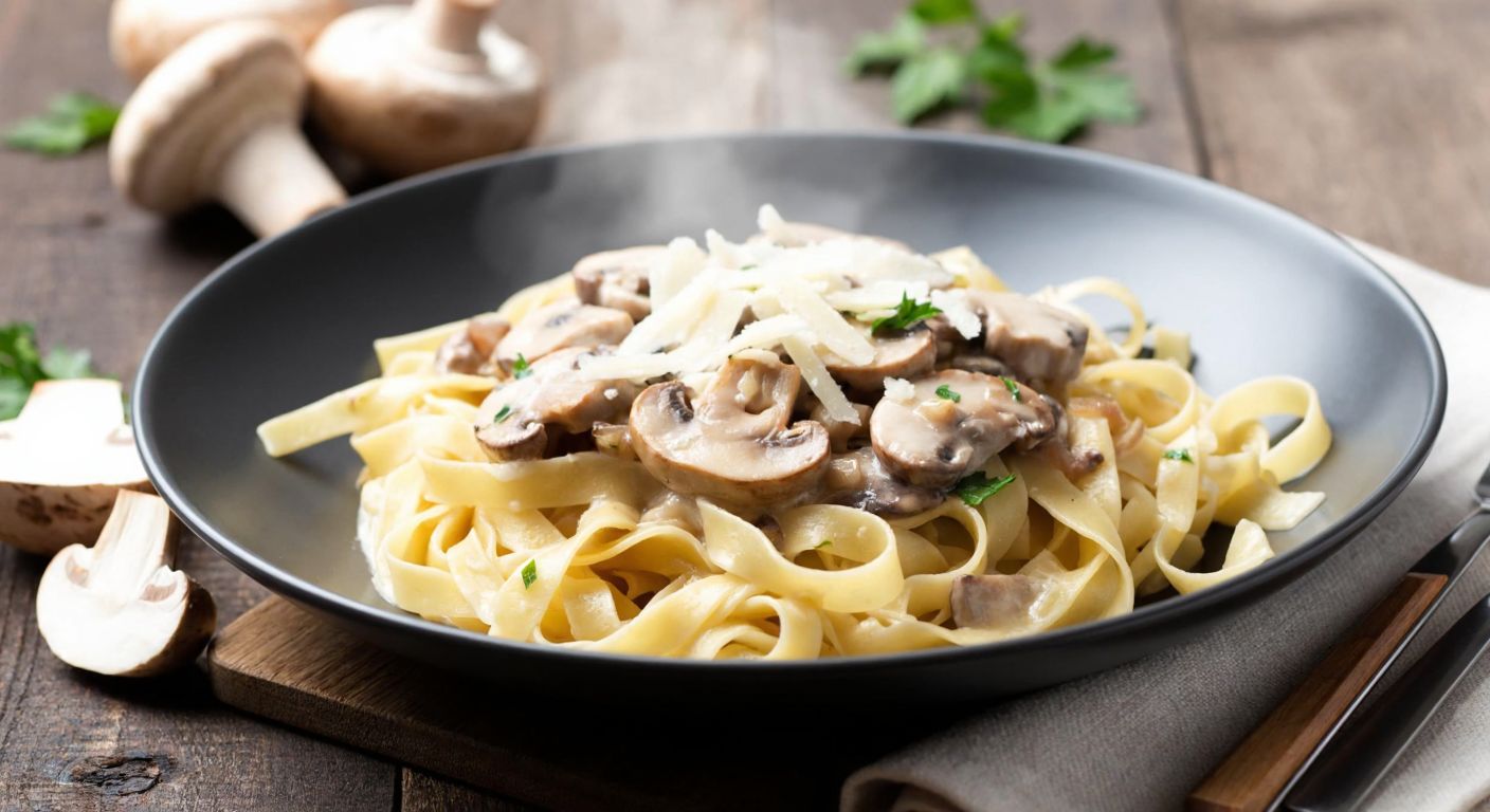 A steaming plate of fettuccine pasta topped with a creamy mushroom sauce, garnished with freshly grated parmesan and a sprinkle of chopped parsley, set on a rustic wooden table with sliced Kanlıca mushrooms and garlic cloves nearby.