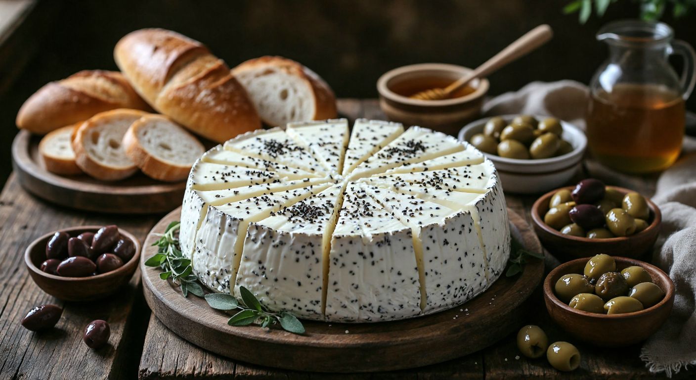 A rustic wooden table in a Turkish village setting holds a round wheel of white cheese speckled with black nigella seeds, surrounded by fresh bread, olives, and a small bowl of honey, evoking warmth and tradition.