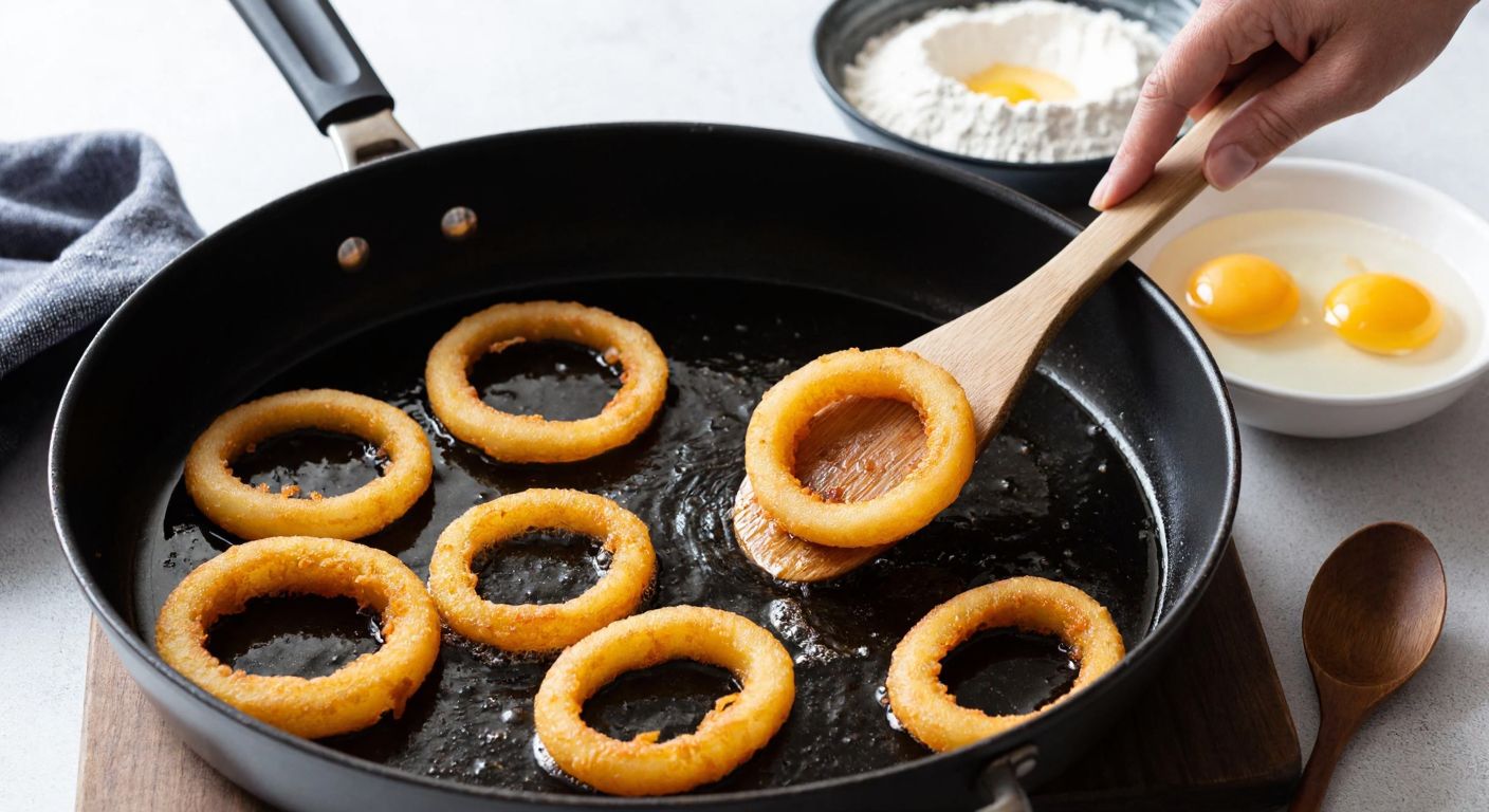 A close-up of golden-brown onion rings sizzling in a deep pan of hot oil, with a hand using a wooden spatula to carefully flip them, while a bowl of flour and beaten eggs sits nearby on a rustic Turkish kitchen counter.