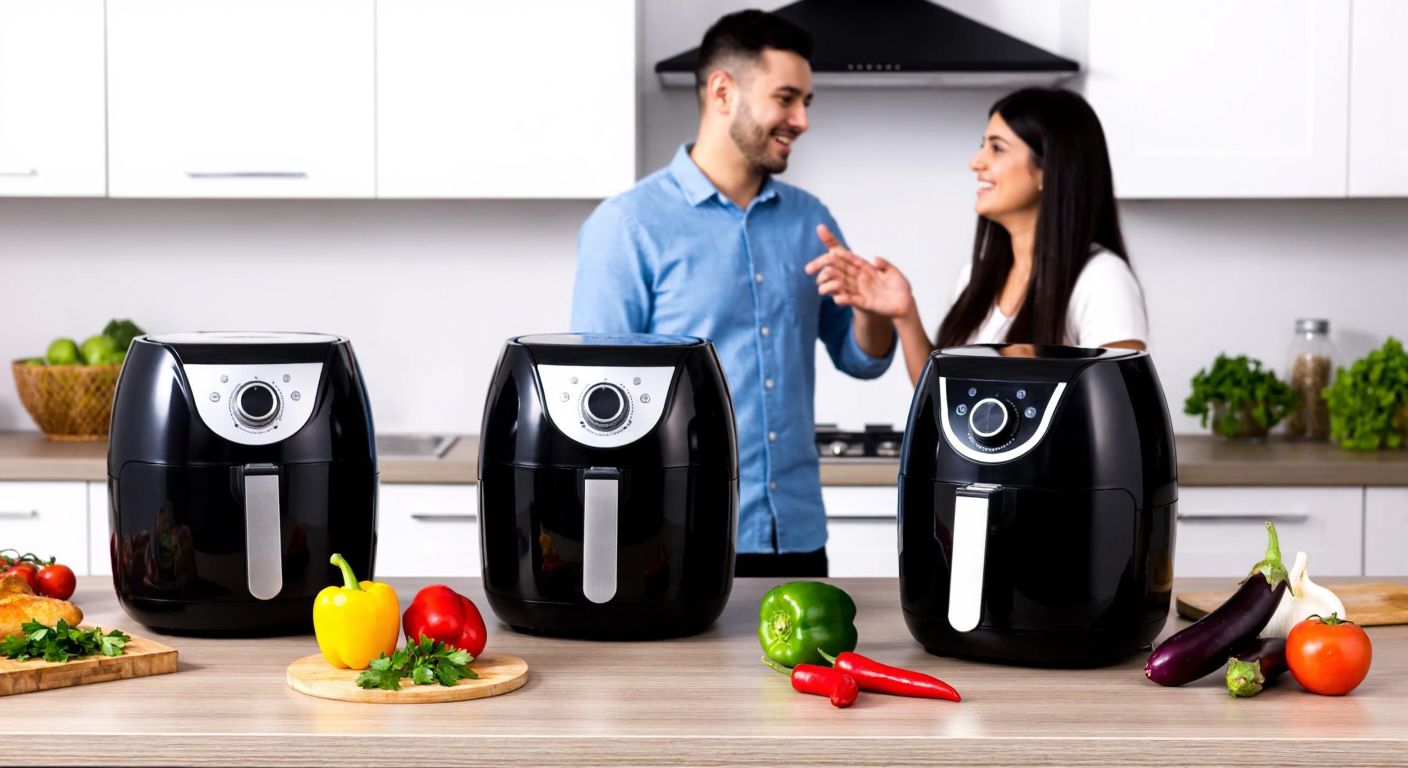 A modern Turkish kitchen with three air fryers of different sizes (small, medium, large) placed on a countertop, surrounded by fresh ingredients like peppers, eggplants, and herbs, while a smiling family of varying sizes stands nearby, gesturing toward the appliances.