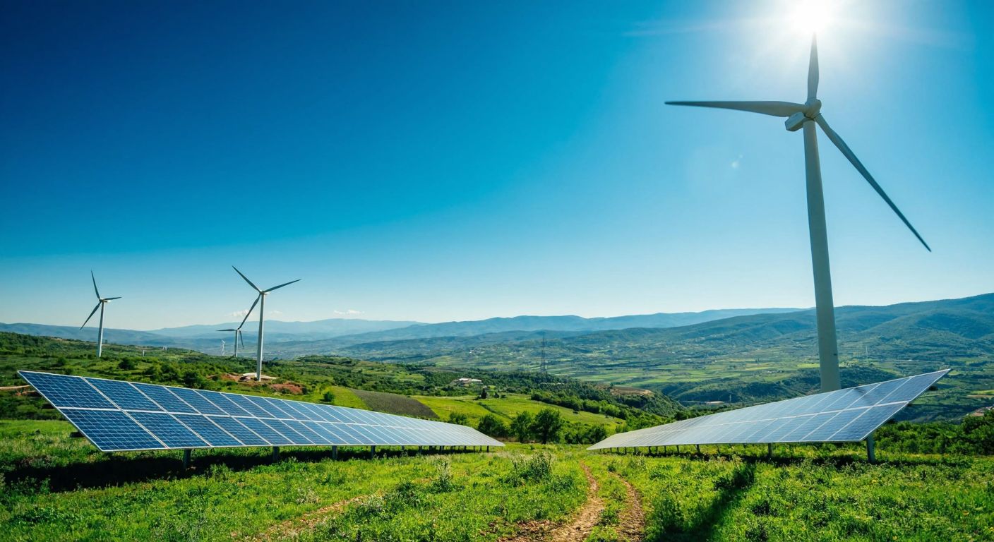 A bright Turkish countryside landscape with wind turbines spinning under a clear blue sky, solar panels glinting in the sunlight, and a lush green valley below, symbolizing clean energy's harmony with nature.