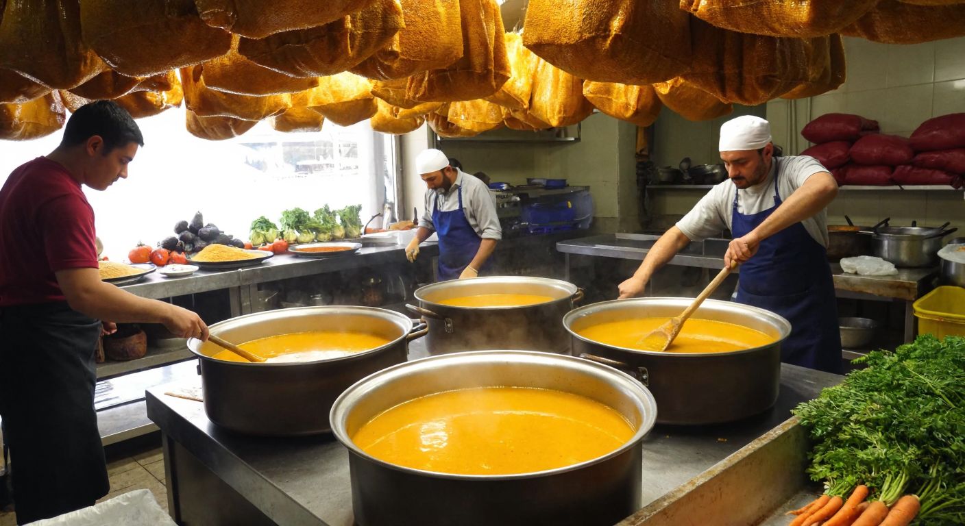 A bustling Turkish kitchen with workers stirring large pots of golden tarhana soup, surrounded by sacks of dried tarhana and fresh vegetables, conveying warmth and tradition.