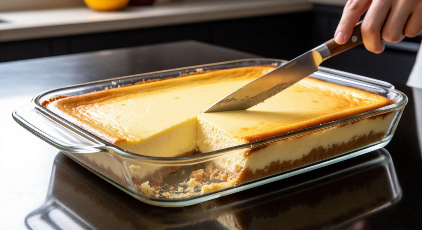 A warm, golden cheesecake sits in a rectangular glass baking dish, with a wet knife slicing cleanly through its creamy surface, revealing neat, even portions on a Turkish kitchen counter.