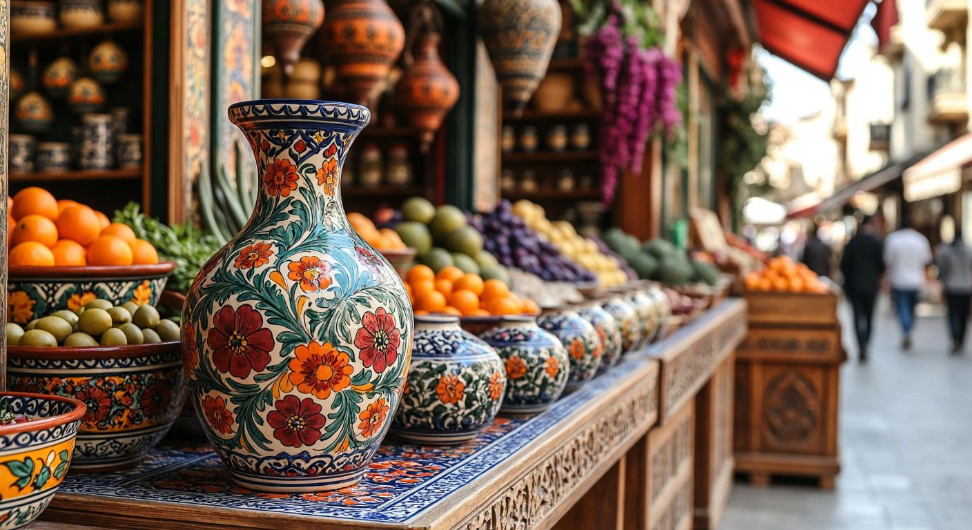 A vibrant Turkish bazaar stall displays a decorative transparent sticker with floral patterns on a ceramic vase, while nearby, a sleek transparent label adheres to a bottle of olive oil, emphasizing functionality.