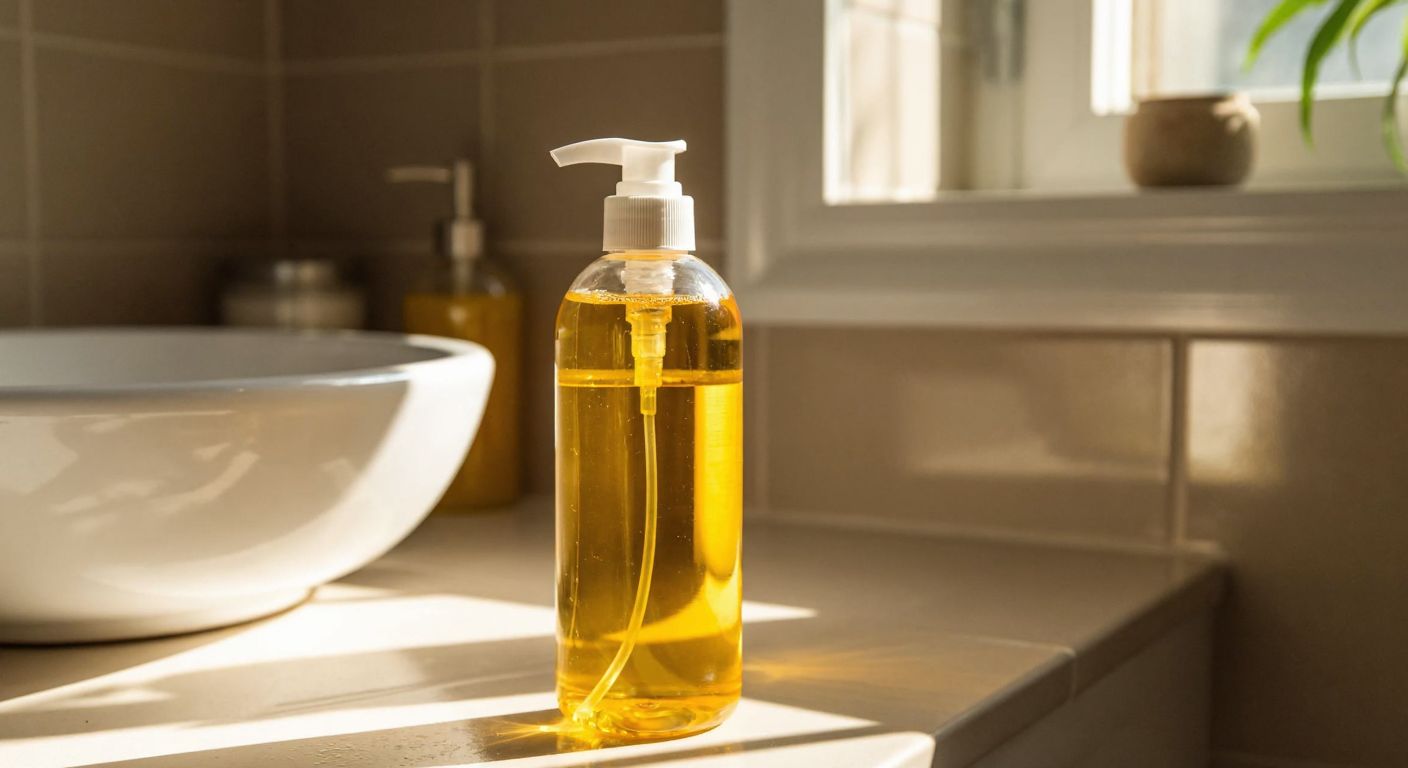 A clear, sturdy plastic bottle with a white cap, filled with golden shampoo, sitting on a tiled bathroom counter in warm sunlight.