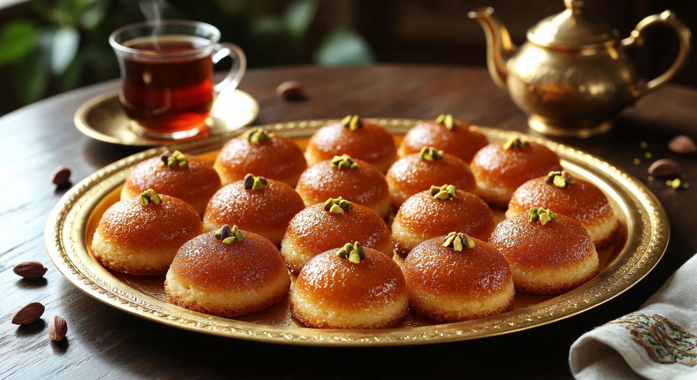 A golden tray of syrup-soaked Turkish desserts—şekerpare, kalburabastı, and revani—glistening under warm light, surrounded by delicate pistachio garnishes and a steaming cup of Turkish tea.