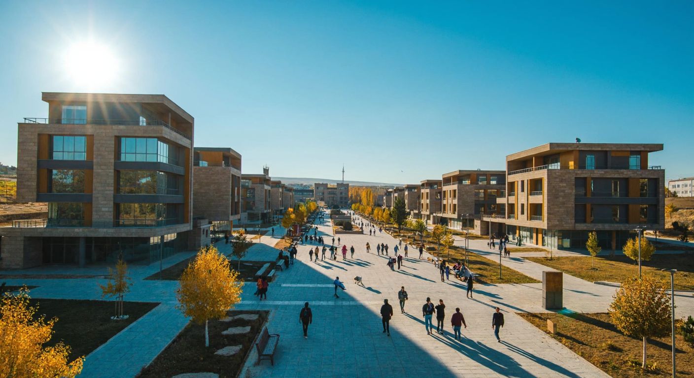 A sunlit university campus in Diyarbakır with modern buildings and students walking under a clear blue sky, surrounded by the rugged landscape of southeastern Turkey.