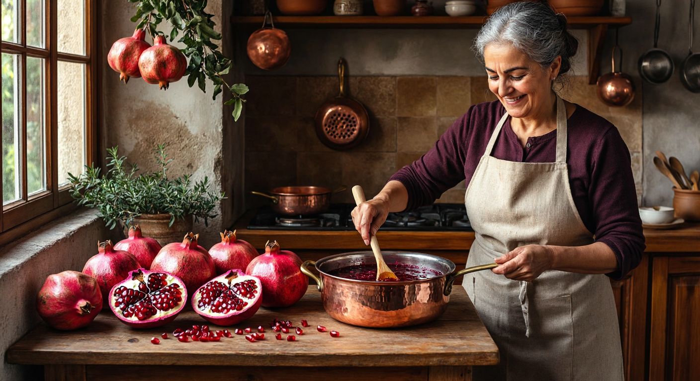 A warm Turkish kitchen with a wooden table displaying ripe pomegranates split open to reveal ruby-red seeds, a copper pot simmering with bubbling pomegranate jam, and a smiling elderly woman in an apron carefully stirring the mixture with a wooden spoon.