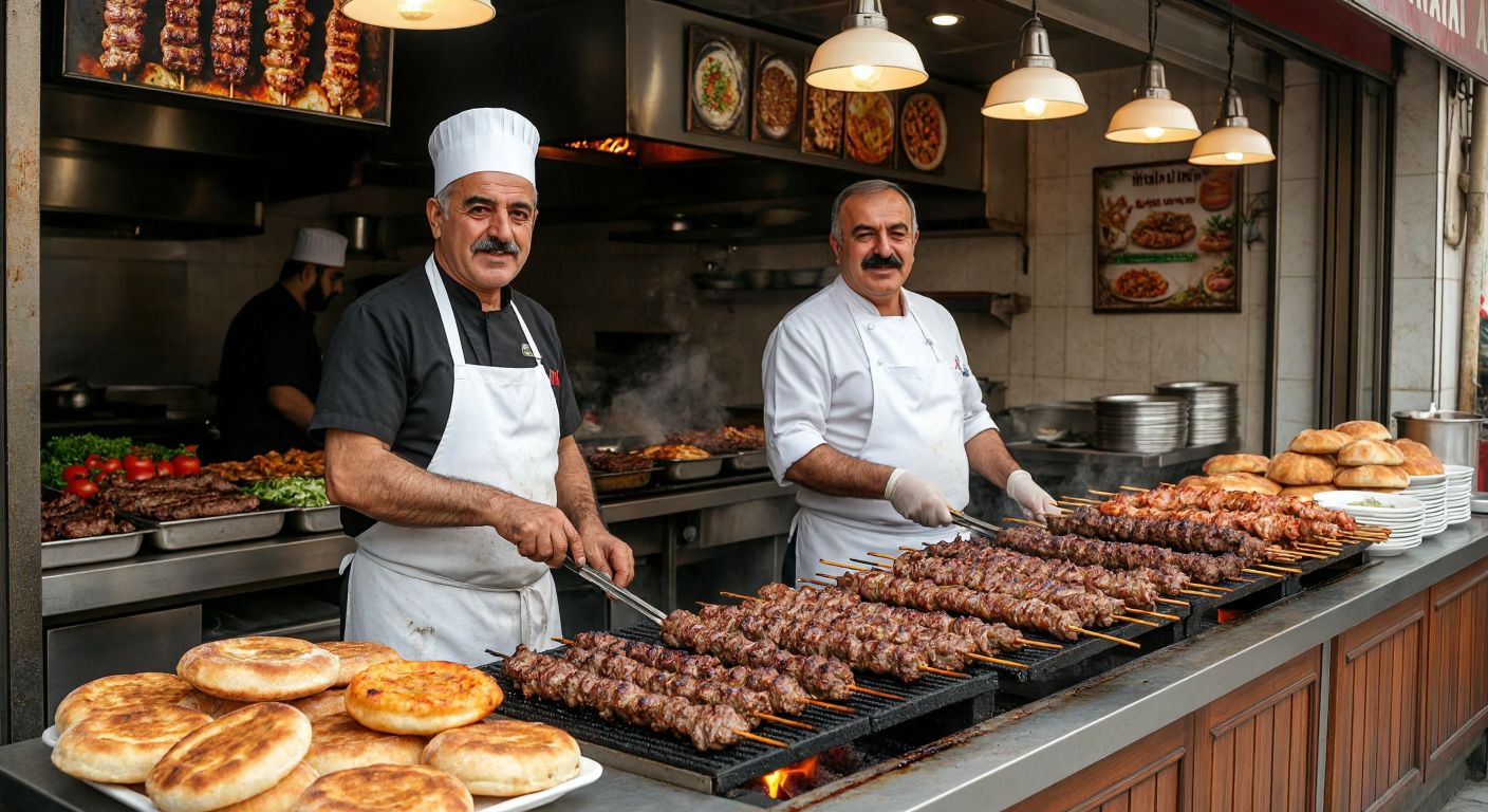 A bustling Turkish kebab restaurant with two chefs—one older man with a white apron grilling skewered meat (Kamber Şen) and another middle-aged man with a mustache serving plates (Kemal Evirgen), surrounded by sizzling kebabs and warm golden bread.