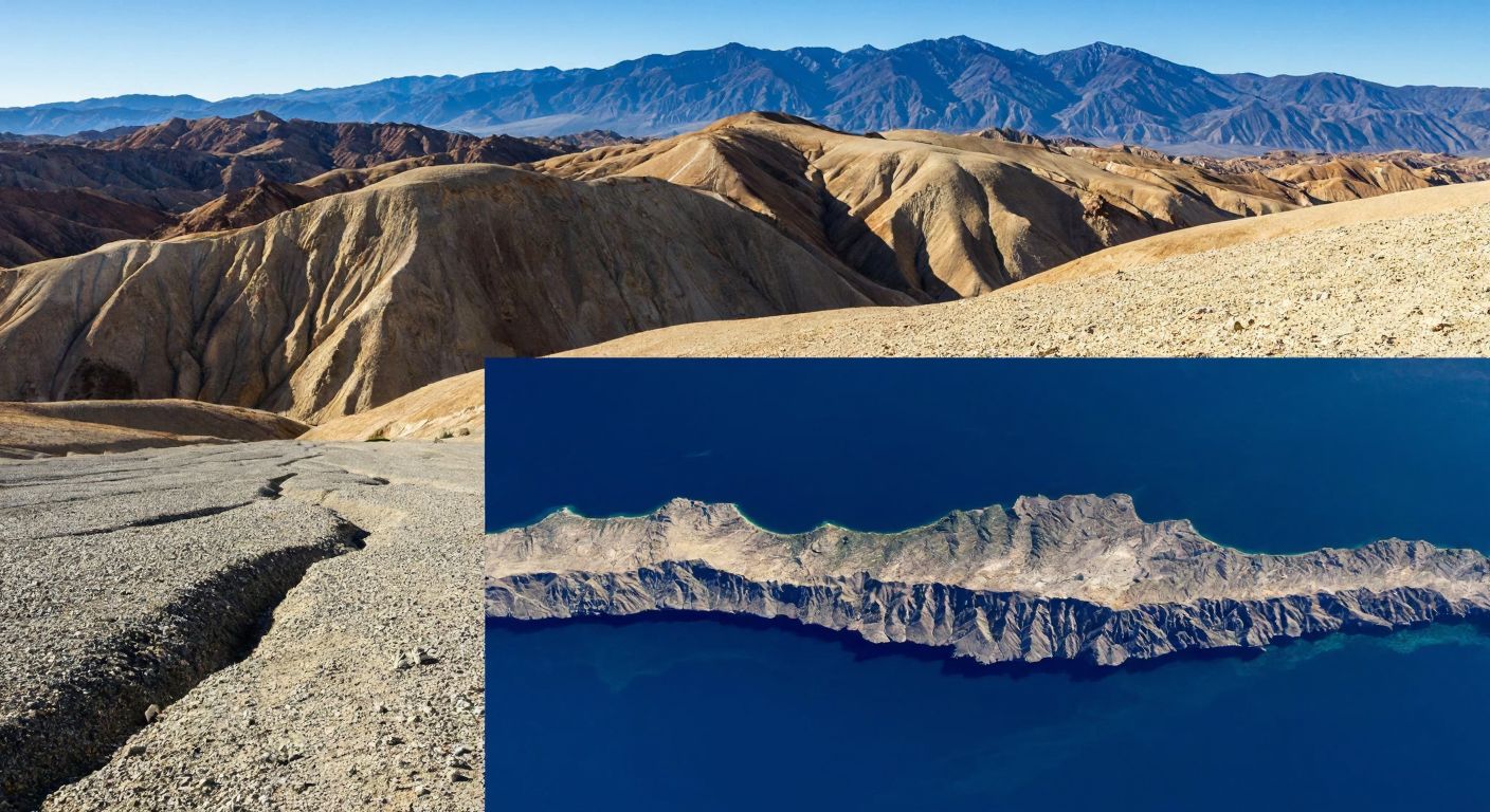 A rugged California landscape with a visible fault line cutting through rocky terrain, contrasted with a separate image of Turkey's mountainous regions marked by seismic activity.