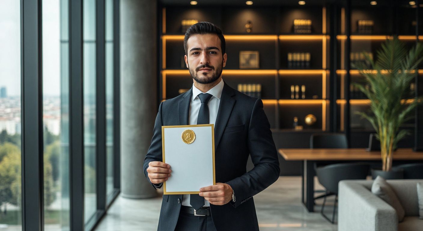 A Turkish businessman in a sharp suit stands confidently in a modern Istanbul office, holding a document with a gold seal, symbolizing corporate decisions and financial growth.
